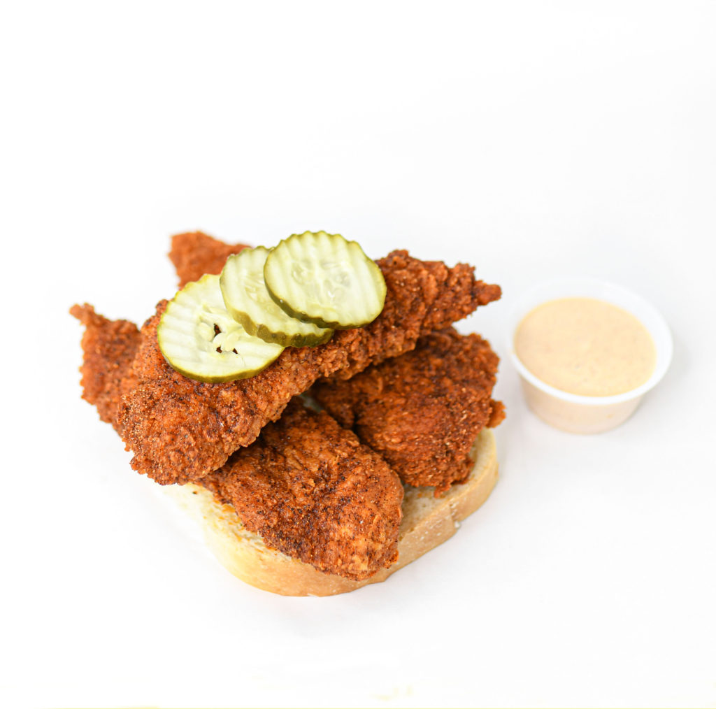 Pretty Bird Chicken 3 Piece Crispy Tender with pickles and sauce