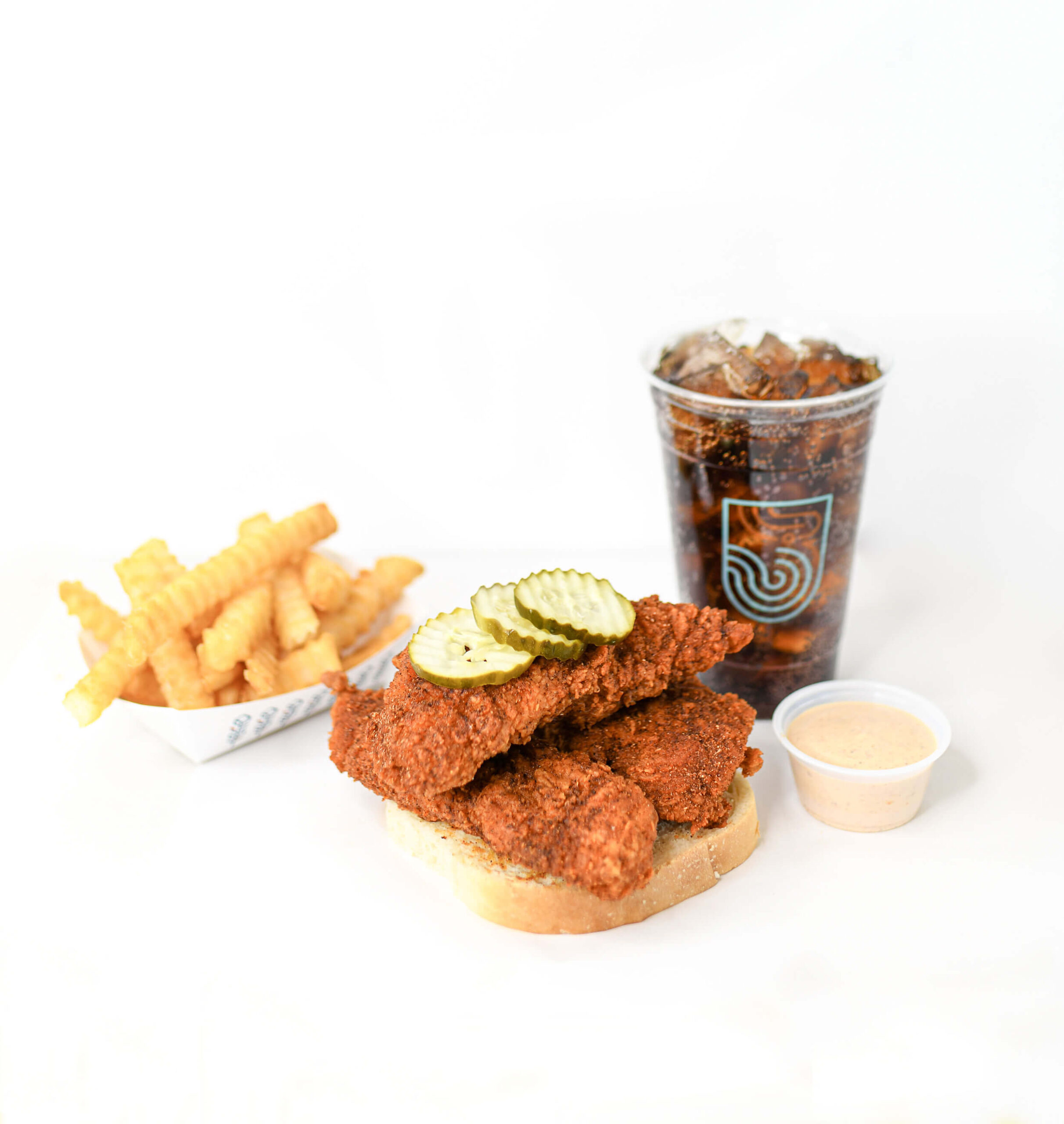 Pretty Bird Chicken 3 Piece Crispy Tender Combo includes fries, soft drink and sauce